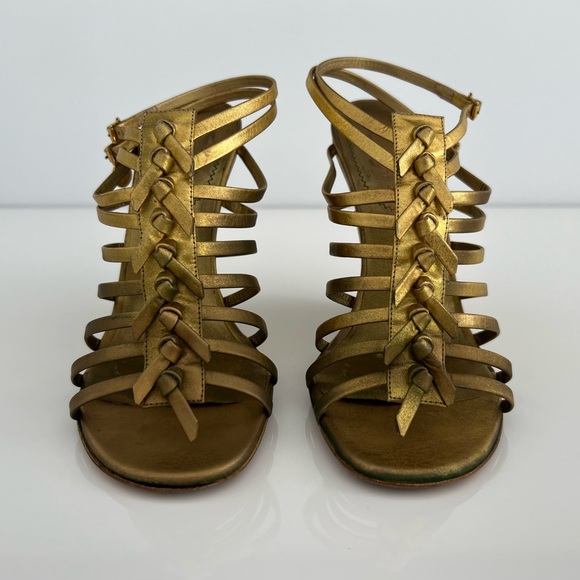YVES SAINT LAURENT BRONZE GOLD GLADIATOR WEDGE SANDALS SIZE IT 37.5 / US 7.5 - Picture 14 of 17